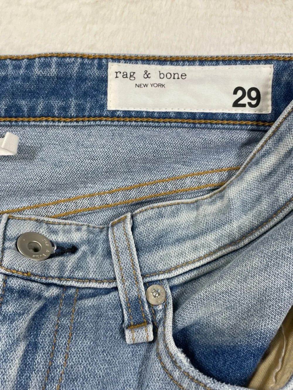 rag & bone Light Blue Flare Jeans with Distressed Knee